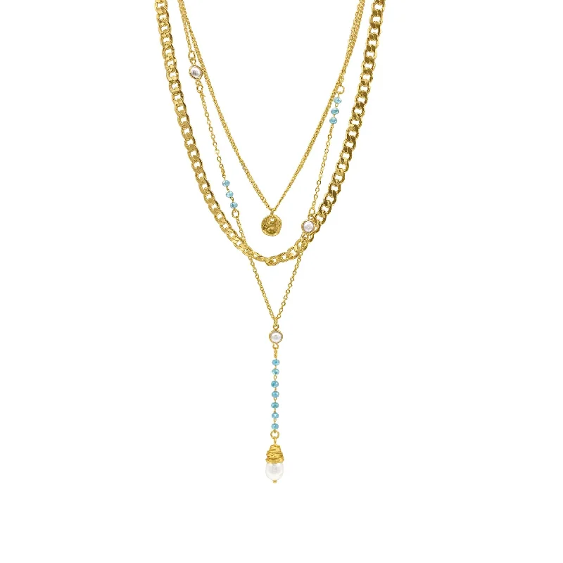 Alloy metal necklaces-14k Gold Plated Freshwater Pearl and Turquoise Beaded Layered Necklace