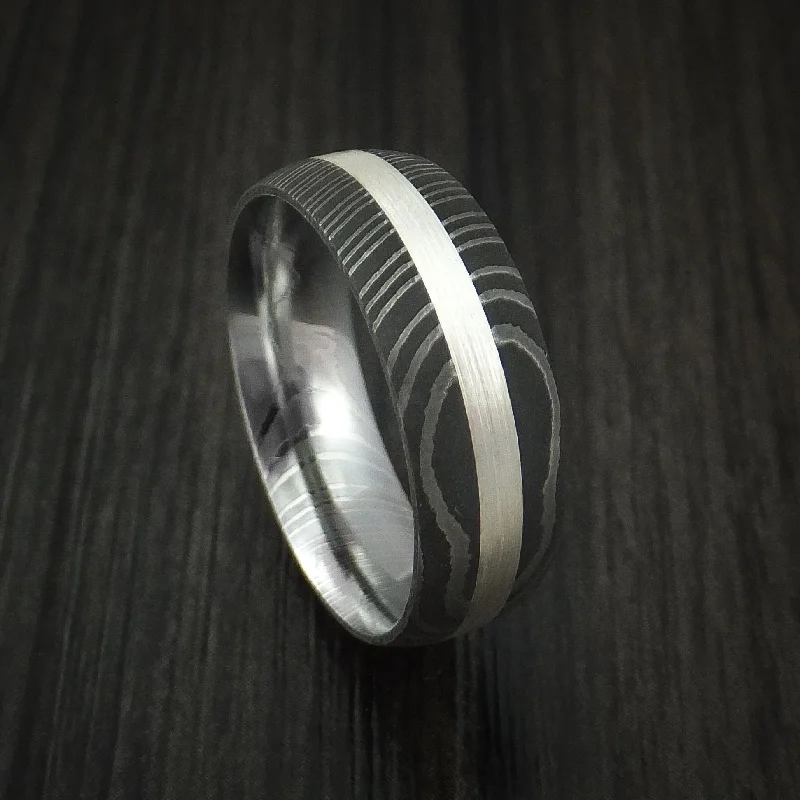 Damascus Steel and Silver Inlay Men's Ring Custom Made Band