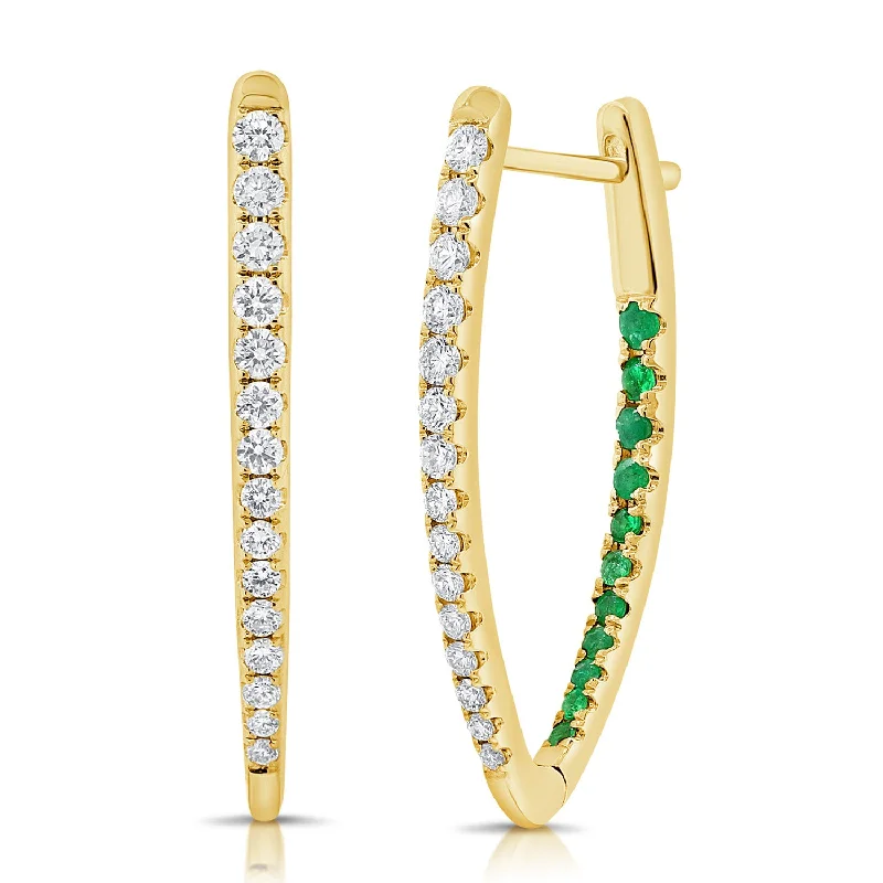 Sleek design earrings-Emerald stud earrings-14K GOLD DIAMOND AND EMERALD LAURIE TRIANGLE HOOPS