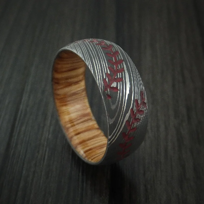 Damascus Steel Double Stitch Baseball Men's Ring with Custom Color and Hardwood Sleeve