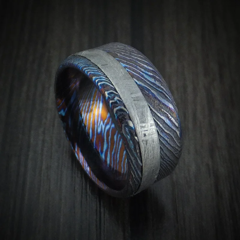 Kuro-Ti Twisted Titanium Etched and Heat-Treated Men's Ring with Meteorite Inlay Custom Made Band