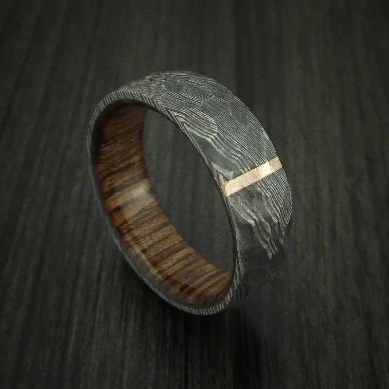 Damascus Steel Men's Ring with Rock Hammer Finish and Vertical 14k Rose Gold Inlay and Wood Sleeve Custom Made Band