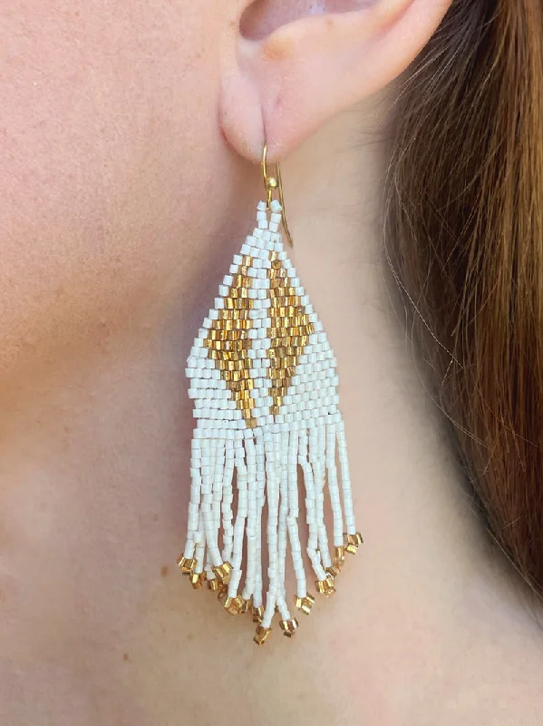 Gem-woven rings-Oval dangle earrings-Turk Earrings - White and Gold