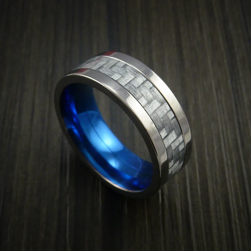 Titanium Men's Ring with Silver Texalium Carbon Fiber Inlay and Anodized Sleeve Custom Made Wedding Band