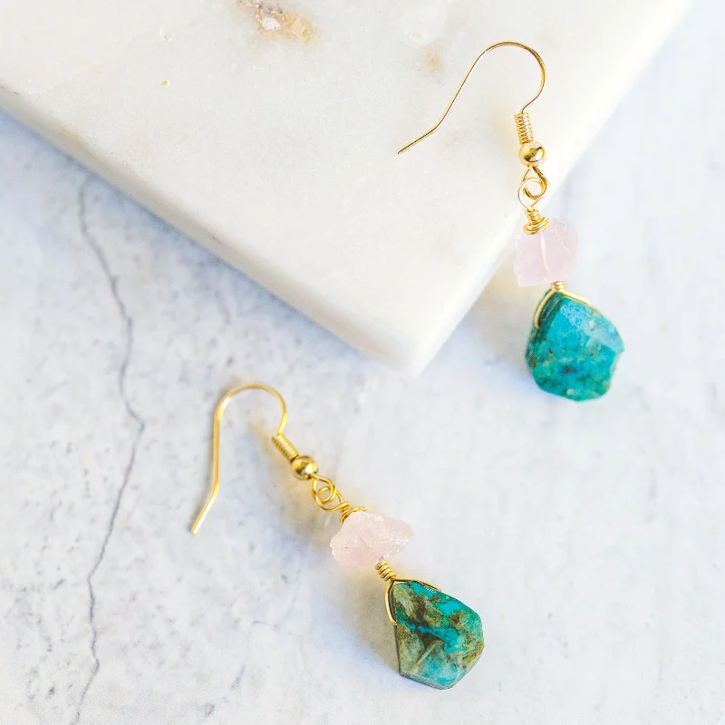 Yarn fringe earrings-Glossy pearl earrings-Wire Wrapped Earrings - Chrysocolla and Rose Quartz