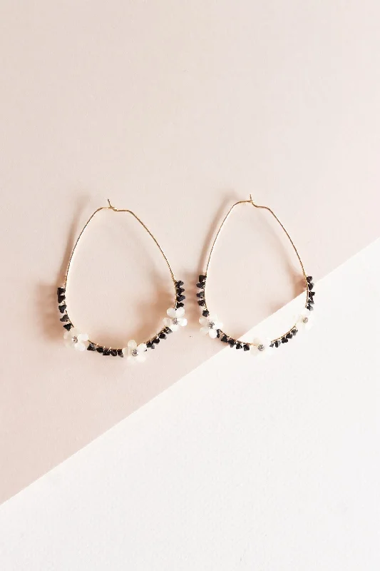 Tide drop earrings-Tide shape earrings-Alexa Flowered Teardrop Hoop | Black and White Delicate Earring