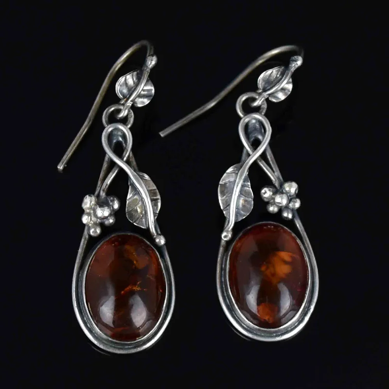 Smooth shank rings-Coiled wire earrings-Arts and Crafts Style Silver Baltic Amber Cabochon Drop Earrings