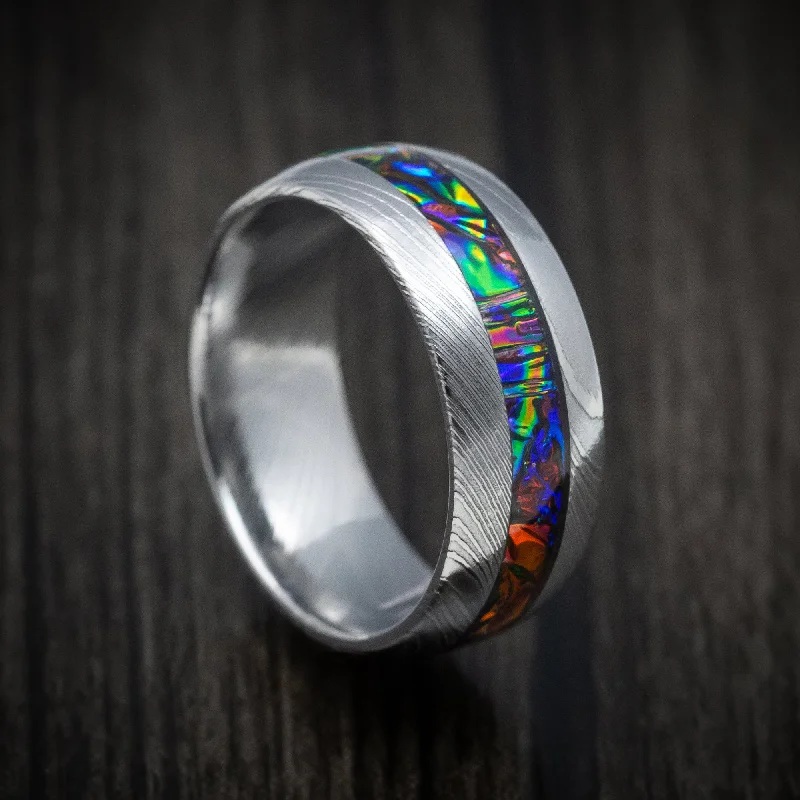 Damascus Steel and Dichrolam Inlay Men's Ring Custom Made Band