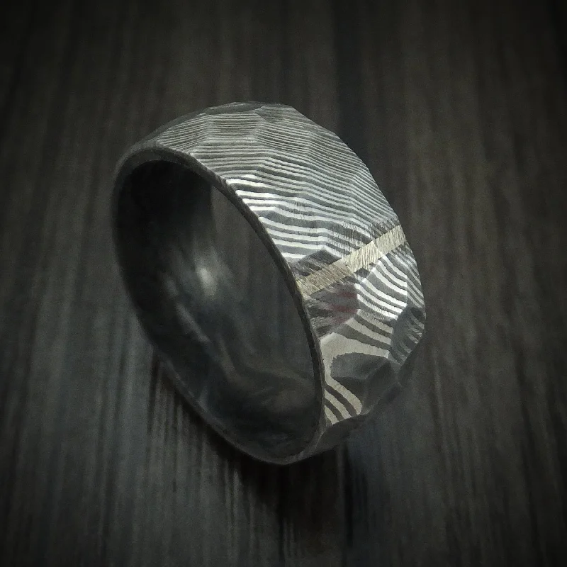 Damascus Steel Hammered Men's Ring with Vertical 14K Gold Inlay and Forged Carbon Fiber Sleeve Custom Made