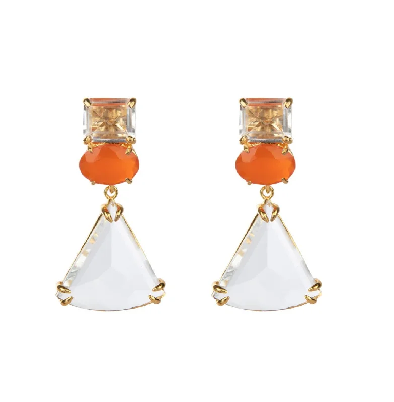 Aged brass earrings-Textured disc earrings-Carnelian White Topaz