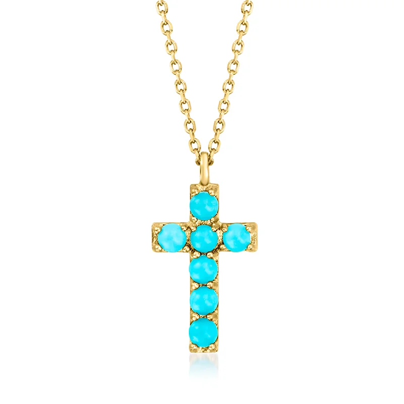 Small gem necklaces-RS Pure by Ross-Simons 2mm Turquoise Cross Pendant Necklace in 14kt Yellow Gold