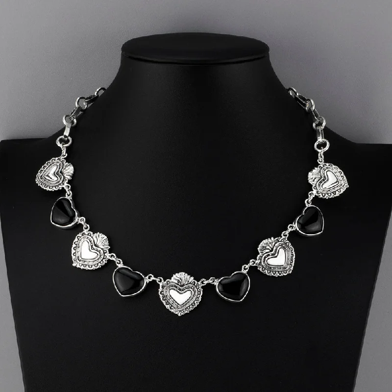 Classic style necklaces-Mexican Silver and Onyx Milagros Heart Necklace