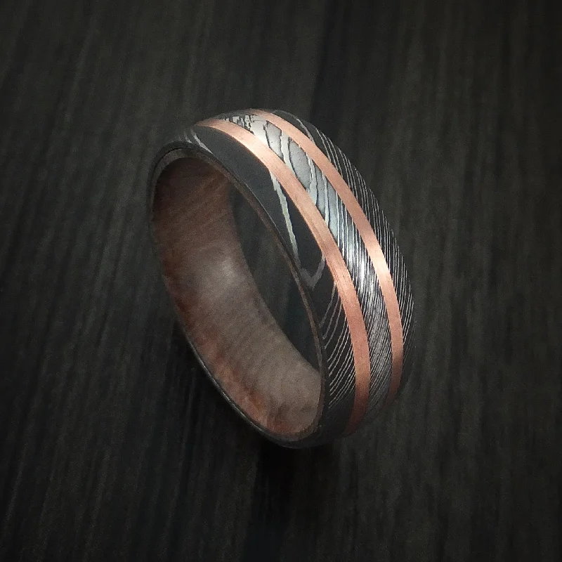 Damascus Steel Men's Ring with Copper Inlays and Hard Wood Sleeve