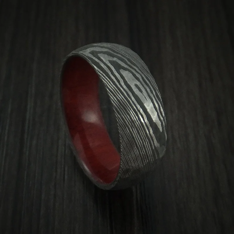 Damascus Steel Hammered Men's Ring with Red Heart Wood Sleeve Custom Made