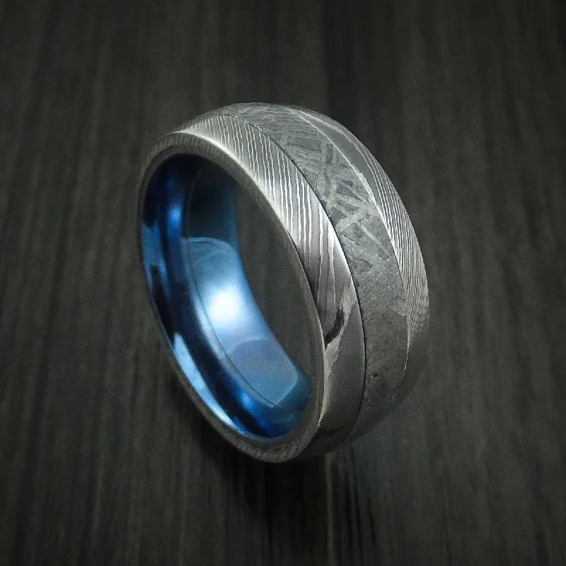 Damascus Steel and Meteorite Men's Ring with Anodized Titanium Sleeve Custom Made