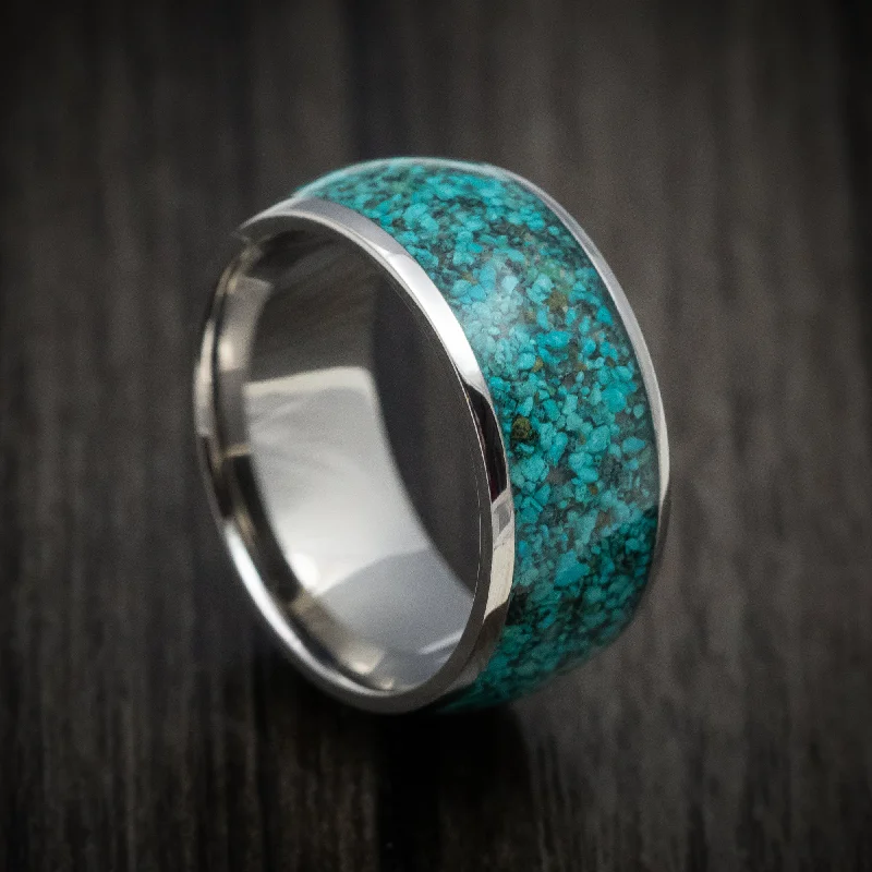 Titanium and Chrysocolla Men's Ring Custom Made Stone Inlay Band