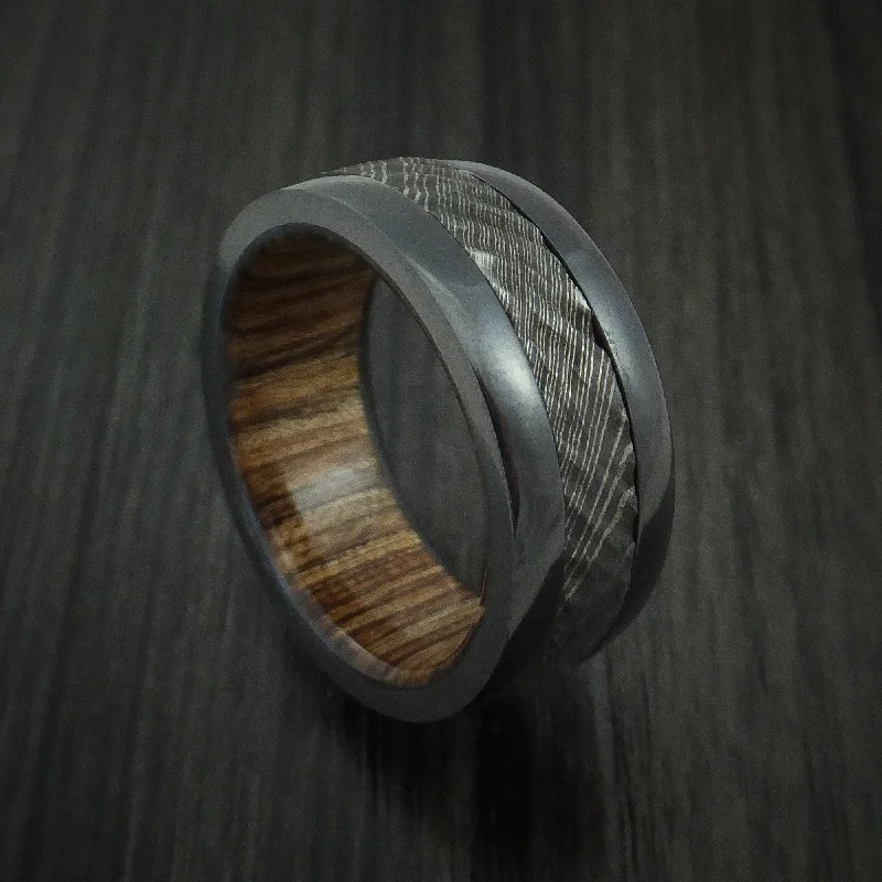 Black Titanium and Damascus Steel Men's Ring with Tree Bark Carved Finish and Walnut Hardwood Sleeve Custom Made Band