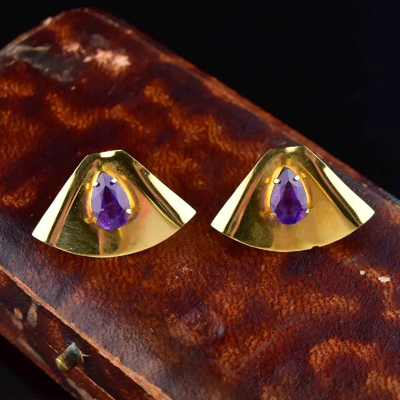 Leaf pattern earrings-Stacked drop earrings-Vintage 10K Gold Fan Amethyst Stud Earrings