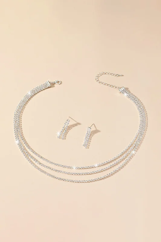 Soft cord necklaces-Sparkly Multilayer Thin Rhinestone Necklace And Earrings Set