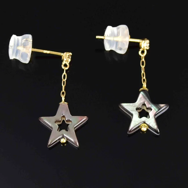 Hawk design rings-Spirit eye earrings-Vintage 18K Gold Diamond Mother of Pearl Star Drop Earrings