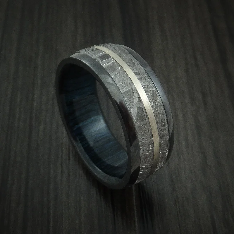 Gibeon Meteorite in Black Zirconium Band with 14K White Gold and Wood Sleeve Custom Men's Ring