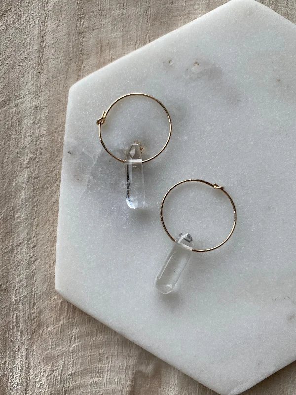 Sea inlay rings-Thin rose earrings-CLEAR THE MIND - Quartz Drop Hoop Earrings