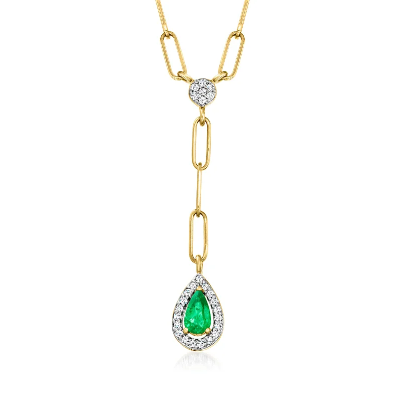 Jade healing necklaces-Ross-Simons Emerald Paper Clip Link Y-Necklace With Diamond Accents in 18kt Yellow Gold