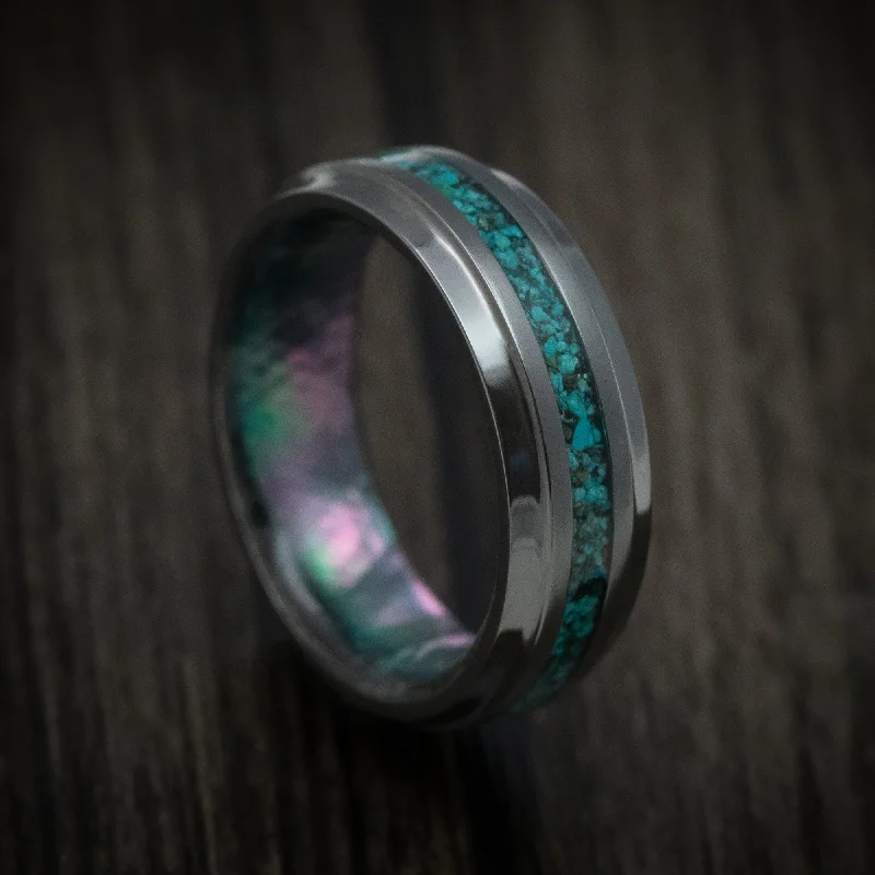 Black Zirconium Men's Ring with Black Mother of Pearl Sleeve and Chrysocolla Stone Inlay Custom Made