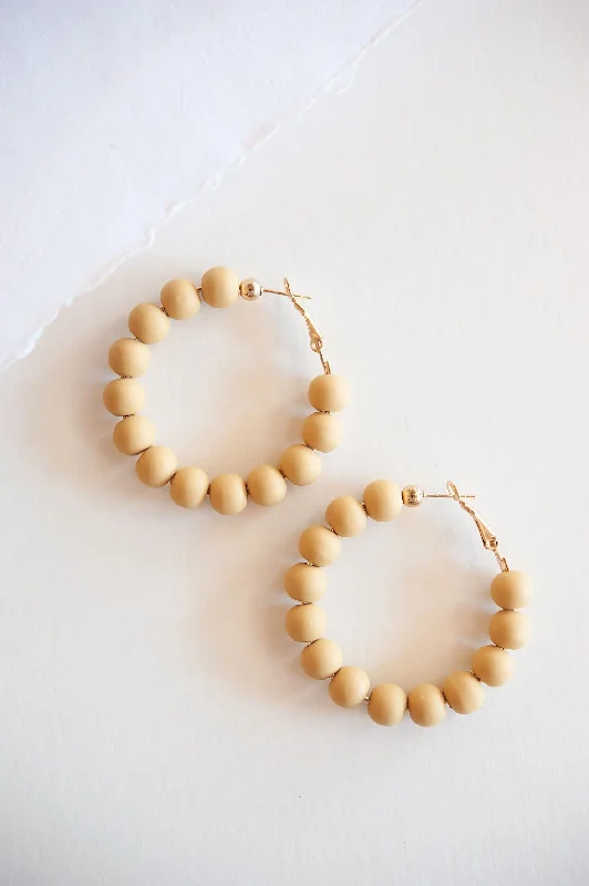 Solid cuff earrings-Half moon earrings-Abigail Clay Bead Hoop | Tan and Gold Natural Earring