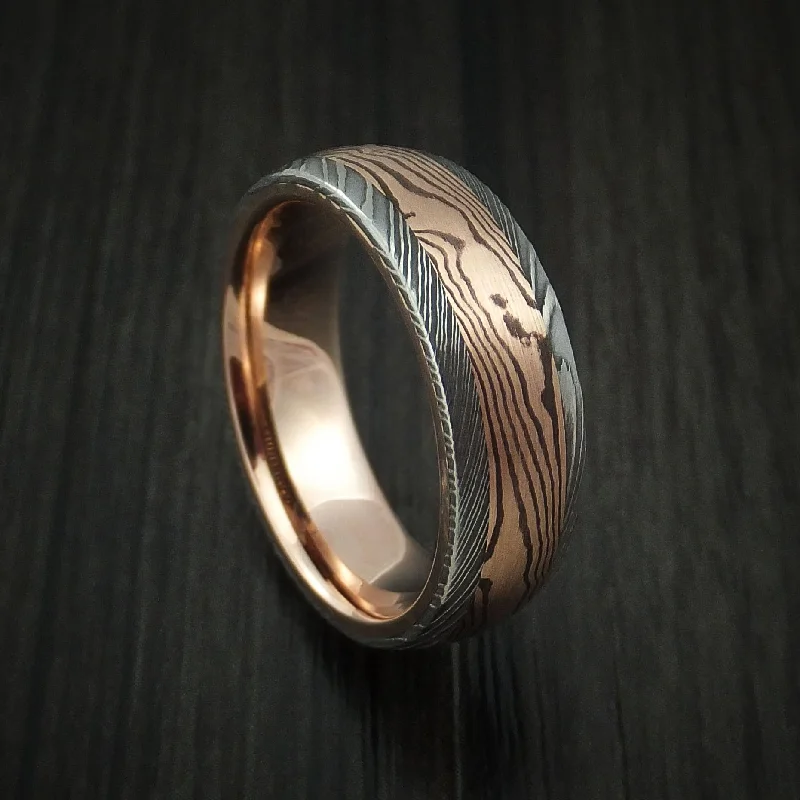 Damascus Steel Men's Ring with Rose Gold Mokume and Rose Gold Sleeve Custom Made Band