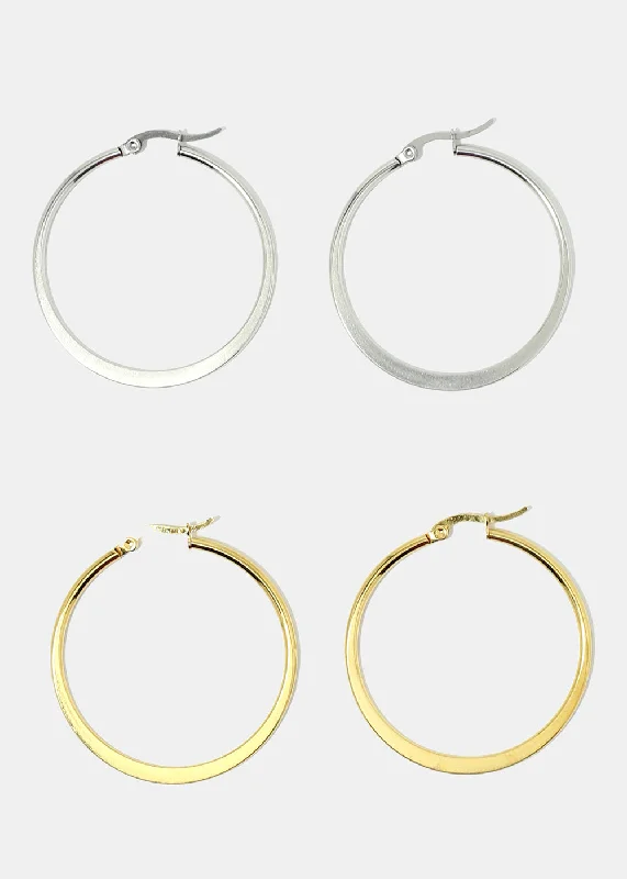 Onyx inlay rings-Shiny crystal earrings-Classic Flat Hoop Earrings