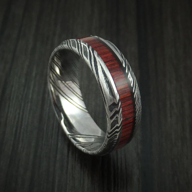 Kuro Damascus Steel Men's Ring with Cocobolo Hardwood Inlay Custom Made Band