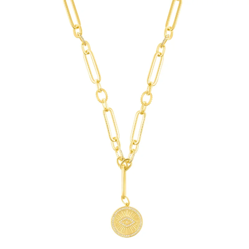 Tight clasp necklaces-14k Gold Plated CZ Evil Eye Mixed Link Y-Necklace