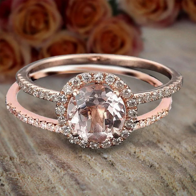 Limited Time Sale 1.50 Carat Round Cut Morganite And Diamond Moissanite Halo Bridal Wedding Ring Set Rose Gold