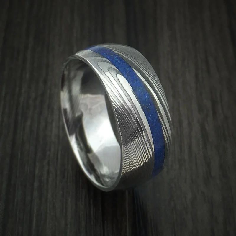 Damascus Steel Men's Ring with Angled Lapis Inlay Custom Made Band