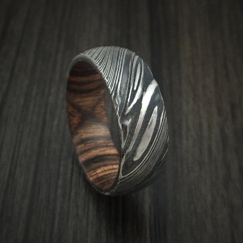 Kuro Damascus Steel Men's Ring with Hardwood Sleeve Custom Made Wood Band