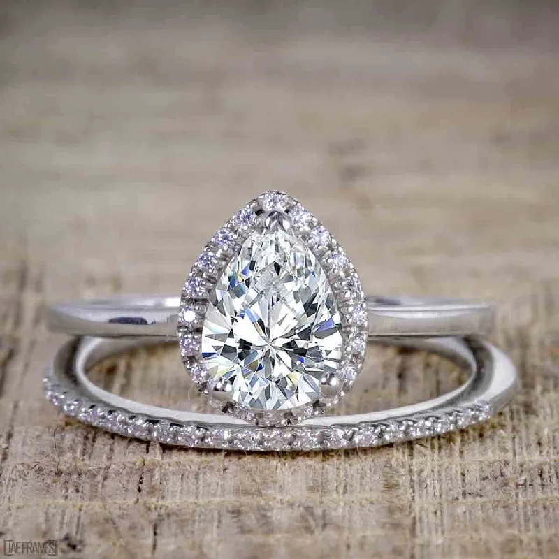 Classic Halo 2 Carat Pear Cut Moissanite Diamond Halo Wedding Ring Set in White Gold