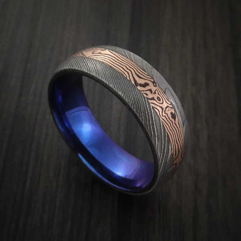 Damascus and 14k Rose Gold Mokume Gane Men's Ring with Anodized Titanium Sleeve Custom Made