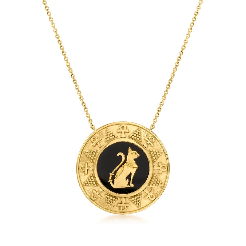 Fog glass necklaces-Ross-Simons Black Onyx Cat Medallion Pendant Necklace in 18kt Gold Over Sterling