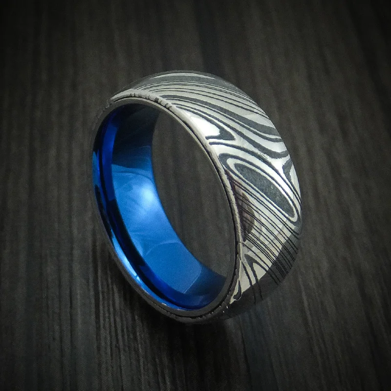 Kuro Damascus Steel Men's Ring With Anodized Titanium Interior Sleeve Custom Made