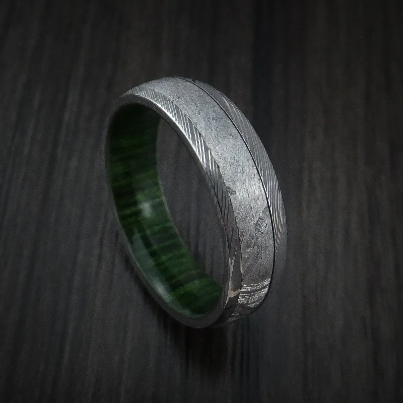 Damascus Steel Men's Ring with Gibeon Meteorite and Hardwood Sleeve Custom Made Band