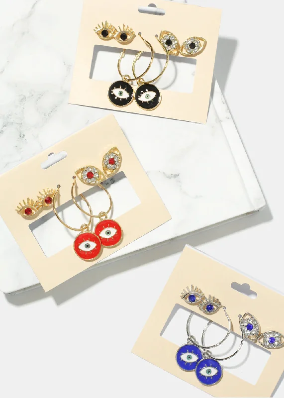 Smooth design rings-Stacked drop earrings-3 Pair Evil Eye Earrings