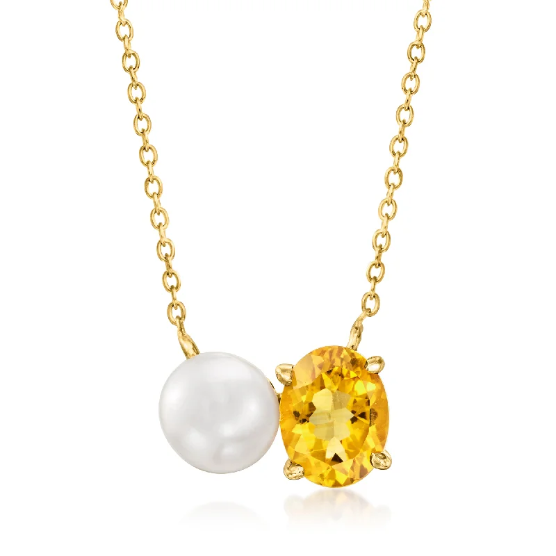 Fine bead necklaces-Ross-Simons 7.5-8mm Cultured Pearl and Citrine Toi Et Moi Necklace in 18kt Gold Over Sterling