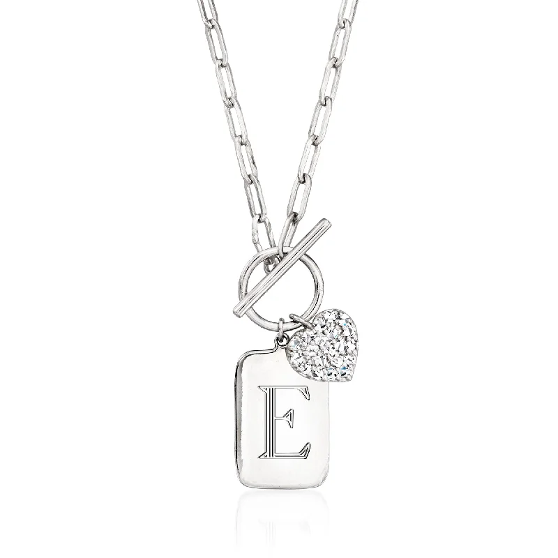 Rose flower necklaces-Ross-Simons Diamond Heart Personalized Tag Paper Clip Link Toggle Necklace in Sterling Silver