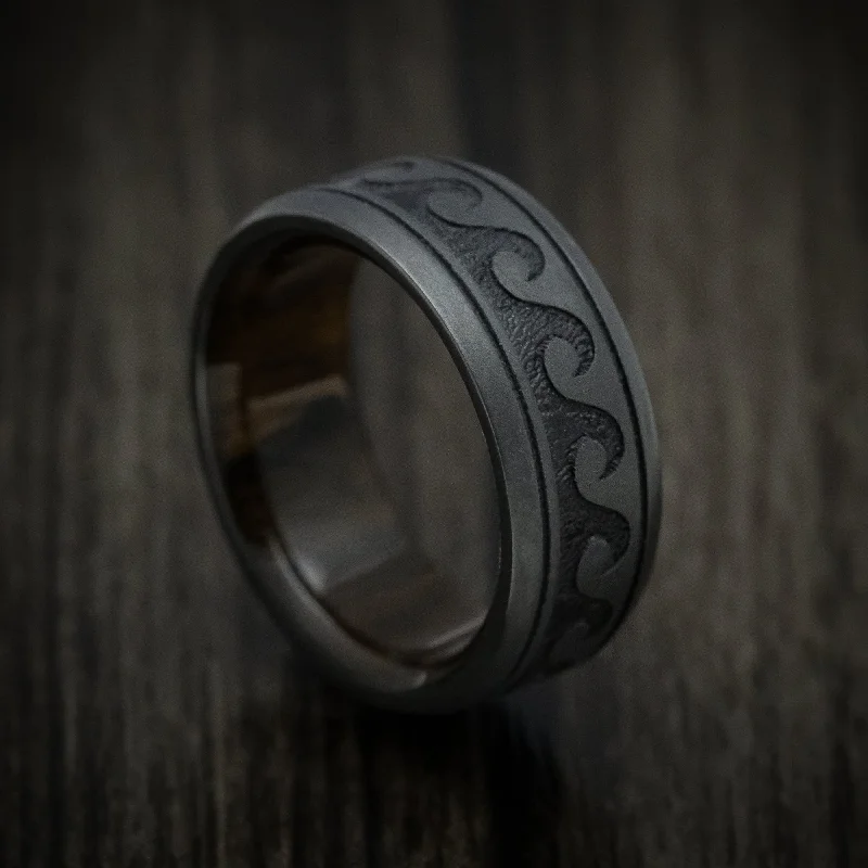 Black Zirconium Wave Men's Ring with Wood Sleeve Custom Made Band