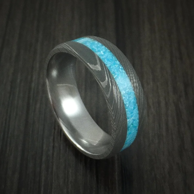 Damascus Steel Men's Ring with Turquoise Inlay Custom Made Band