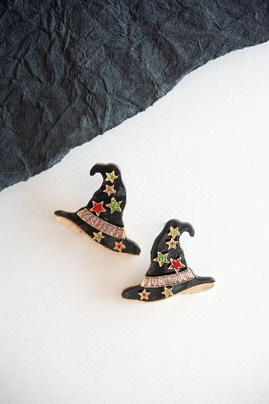 Bali tile rings-Onyx slice earrings-Gemmed Witch Hat Earring | Metal Halloween Witch Hat Stud