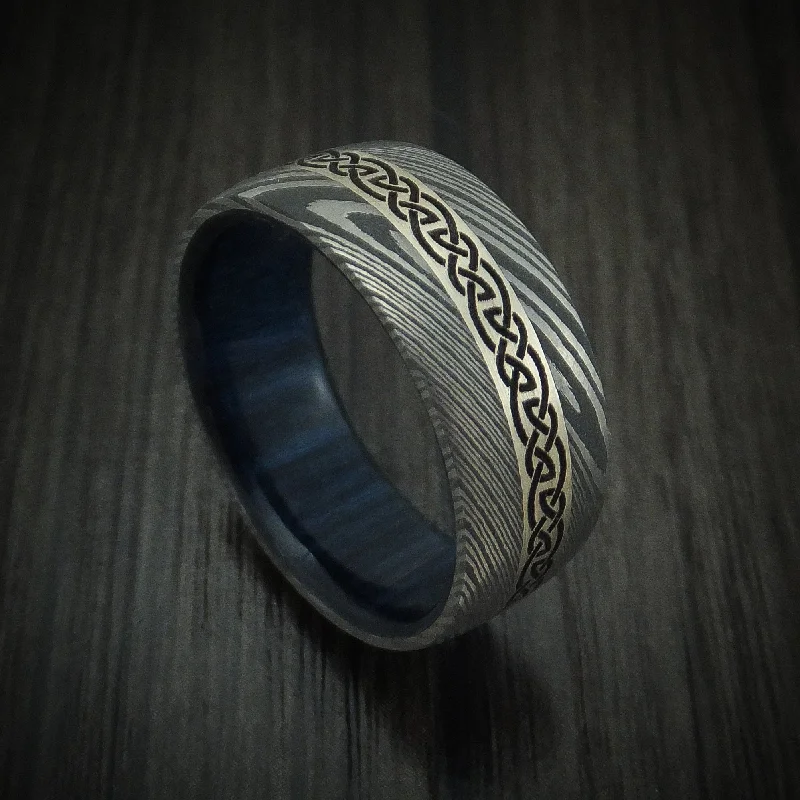 Damascus Steel Celtic Men's Ring With 14K White Gold Inlay And Hardwood Sleeve Custom Made Band