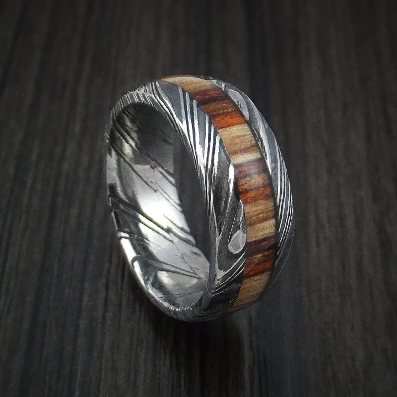 Kuro Damascus Steel Men's Ring with Hazelnut Hardwood Inlay Custom Made Band