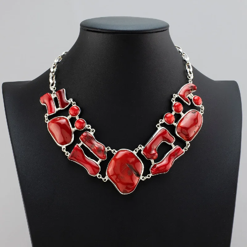 Floating gem necklaces-Large Red Coral Bib Necklace